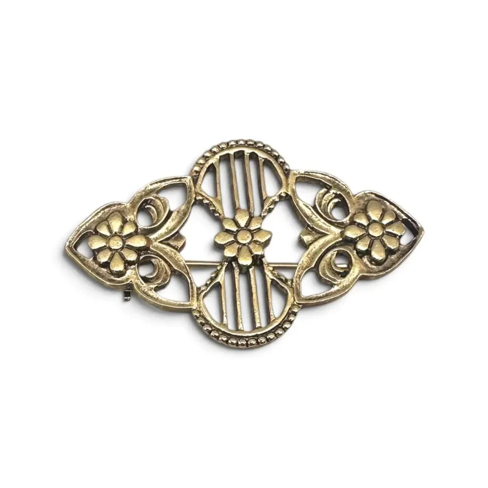 Vintage Gold Tone Filigree Floral Brooch Ornate Openwork Beaded Costume Pin